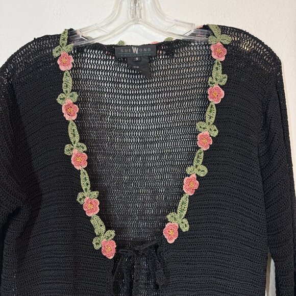 Sue Wong Vintage Black Cardigan Open Sweater Crochet Beaded Cottagecore Small - Picture 4 of 11